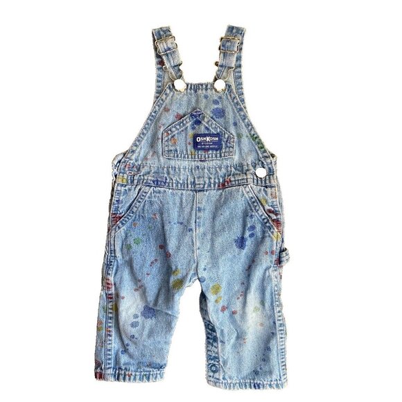 VTG OshKosh B'Gosh Size 12 Months Blue Faded Paint Splatter Overalls RARE! - Picture 1 of 9